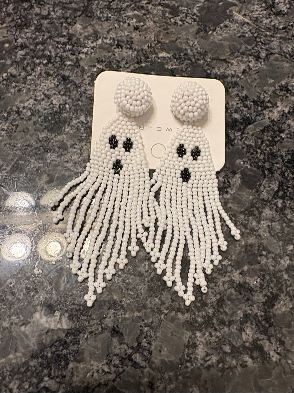 White Beaded Ghost Fringe Statement Earrings